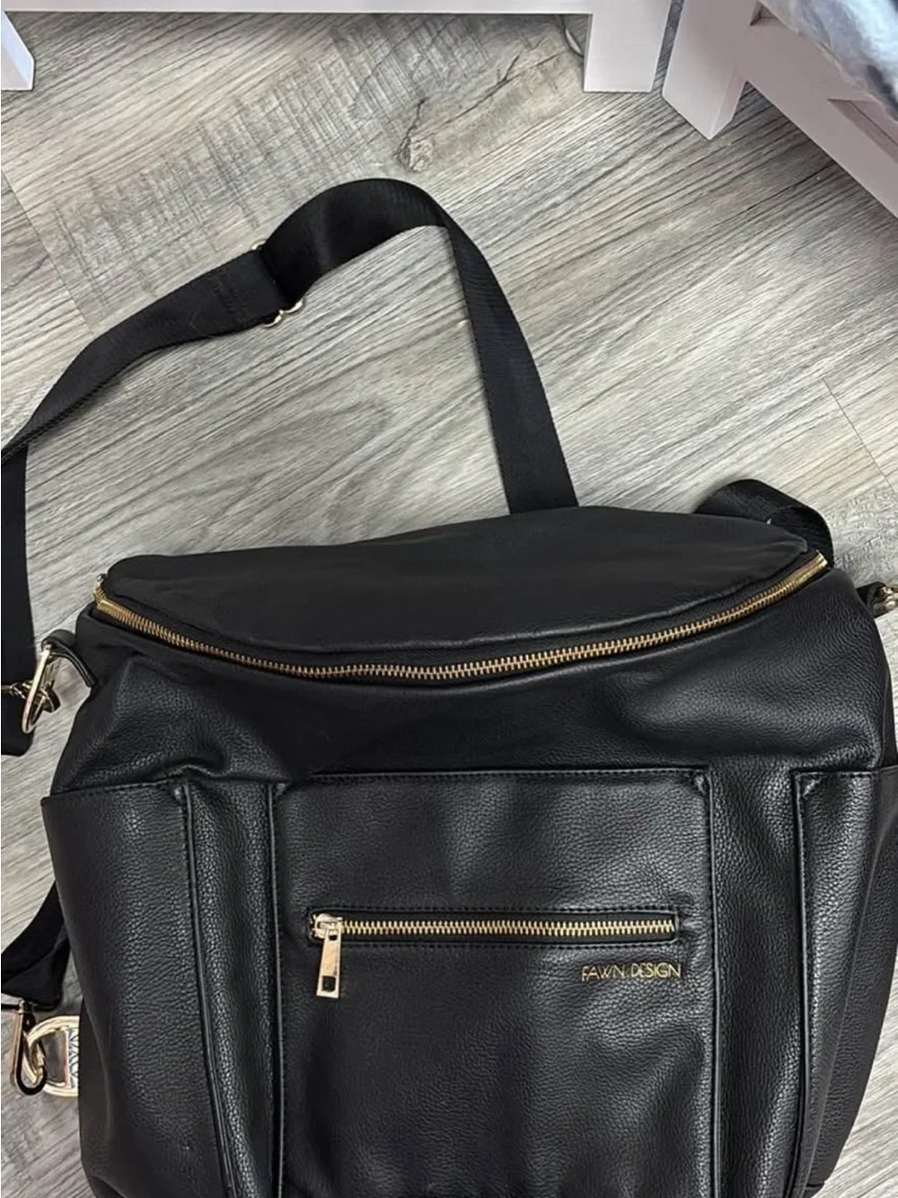Fawn Design Black Leather Messenger Bag with Gold Hardware